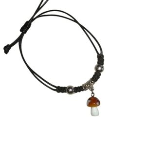 4/$15 Black Silver Mushroom Charm Bracelet Adjustable Unisex Magic Witchy Glass